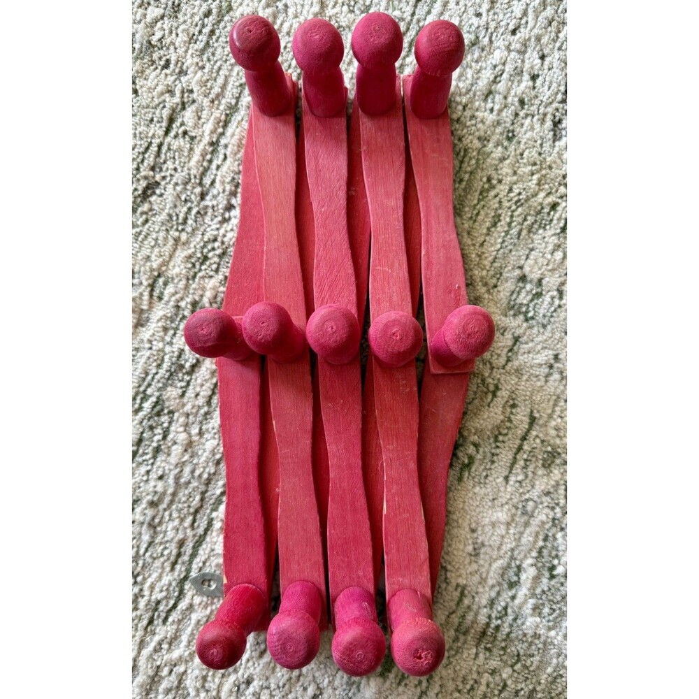Wooden Folding Red Expandable Accordion Wall Mount Hanger 13 Hooks Pegs Vintage